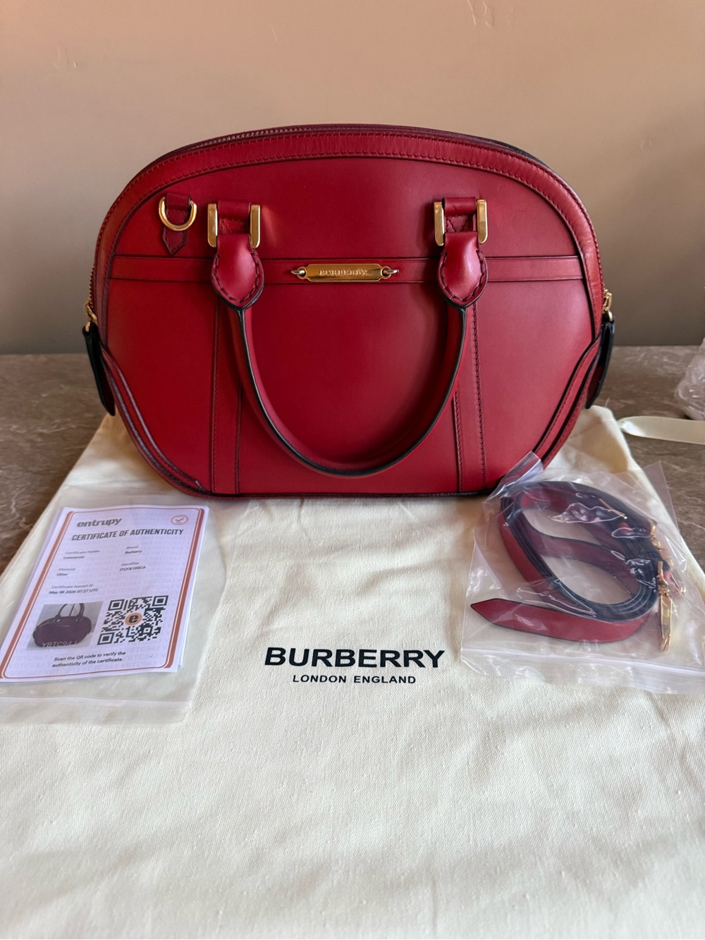 Burberry Red Leather Dome Satchel with Gold Hardware